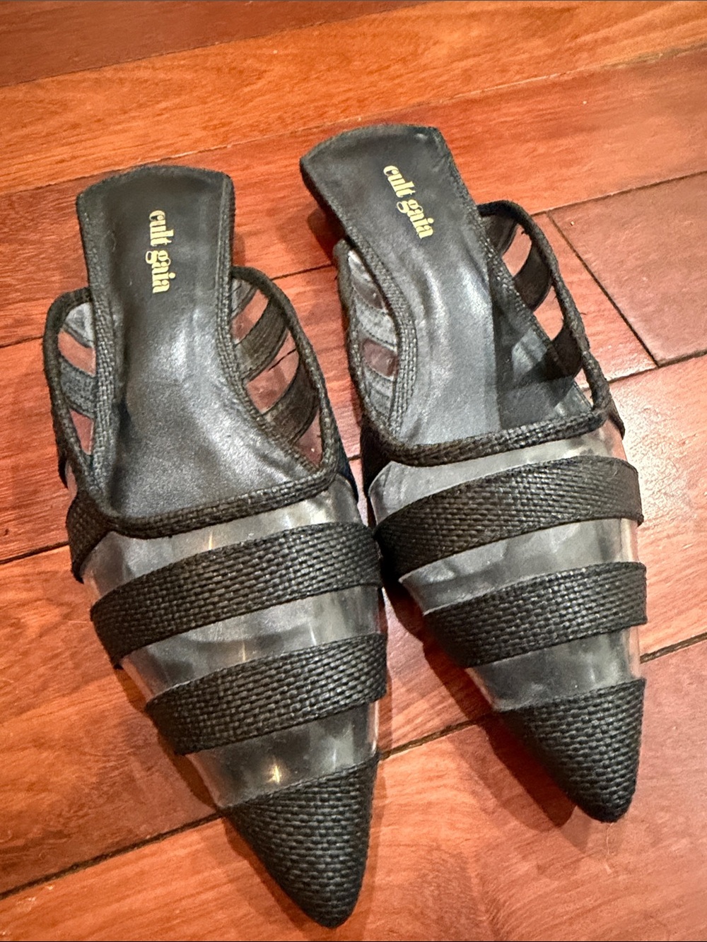 Cult Gaia Black Strappy Pointed Mules with Clear Panels